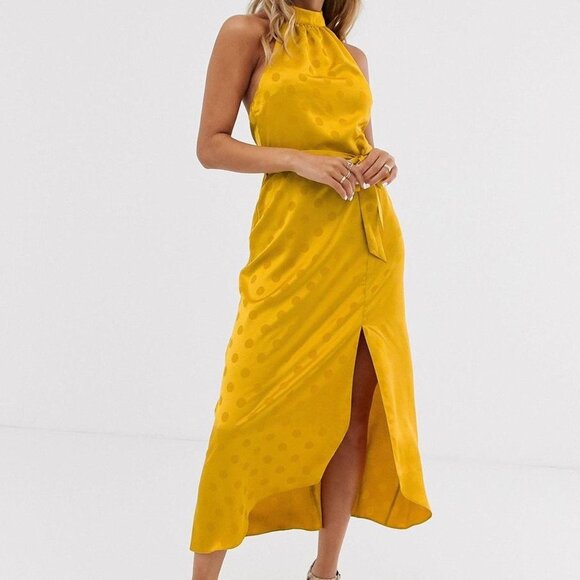 ASOS Miss Selfridge Mustard Yellow Polka Dot Halter Dress - Picture 1 of 14